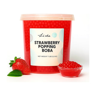 Li Cha Strawberry Popping Boba 7 lb tub with fresh strawberry and bowl of red popping pearls